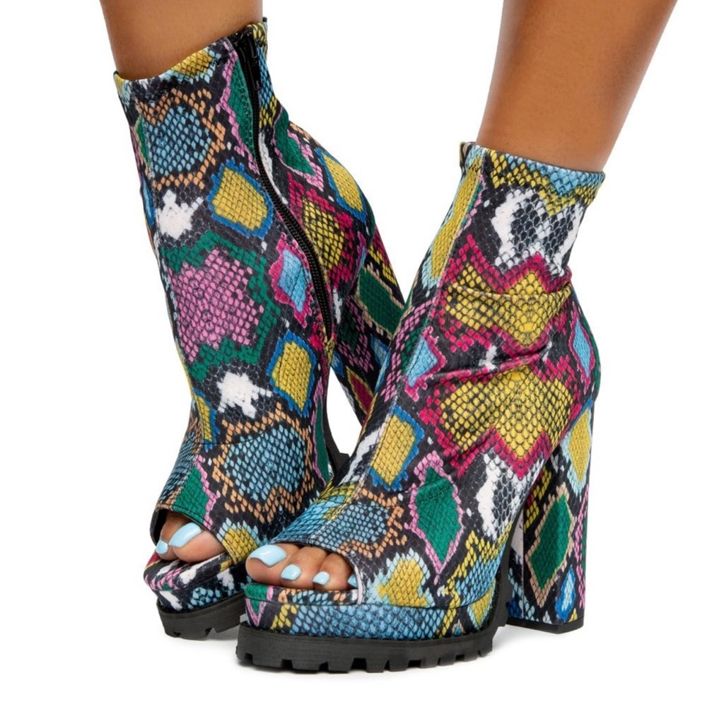 Multicolor Snake sprint Open Toe  Heeled Booties